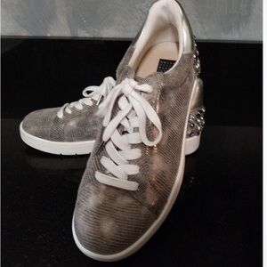 White House Black Market Metallic Silver Lace-Up Sneakers with Embellished Heel